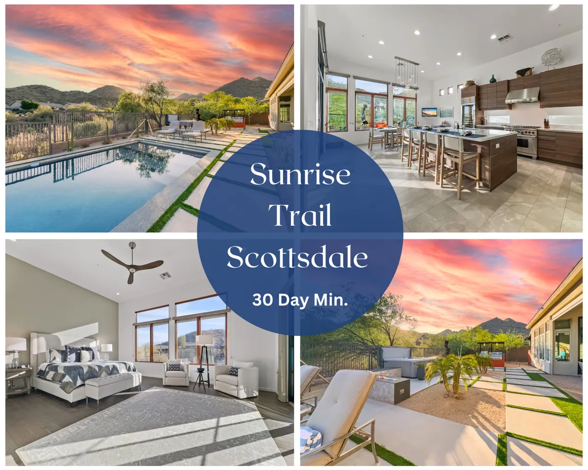 The hero image showcases a modern single-family home exterior in Scottsdale, Arizona, with a sparkling swimming pool in the foreground, breathtaking mountain views as the backdrop, and glimpses of a stylish open kitchen and spacious living area through large windows. The scene is bathed in warm sunset light, evoking a serene and luxurious atmosphere perfect for relaxation and entertaining.